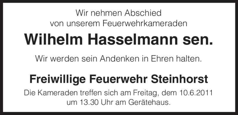  Traueranzeige für Wilhelm Hasselmann vom 09.06.2011 aus ALLGEMEINE ZEITUNG UELZEN