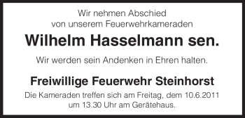 Traueranzeige von Wilhelm Hasselmann von ALLGEMEINE ZEITUNG UELZEN