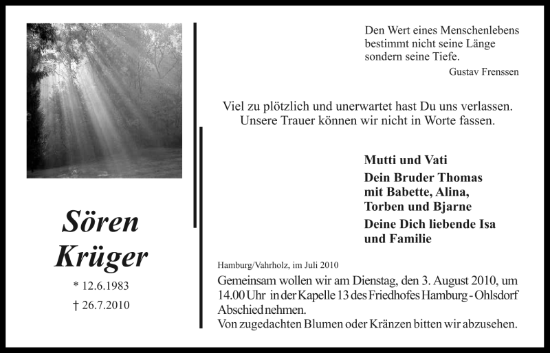  Traueranzeige für Sören Krüger vom 31.07.2010 aus ALLGEMEINE ZEITUNG UELZEN