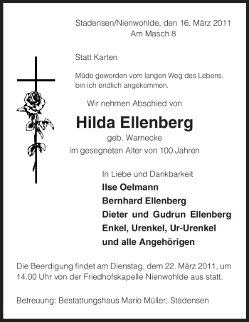 Traueranzeige von Hilda Ellenberg von ALLGEMEINE ZEITUNG UELZEN