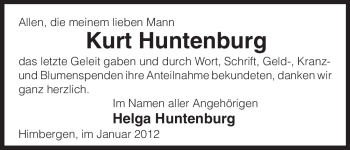 Traueranzeige von Kurt Huntenburg von ALLGEMEINE ZEITUNG UELZEN