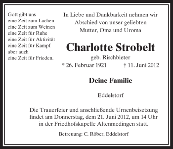 Traueranzeige von Charlotte Strobelt von ALLGEMEINE ZEITUNG UELZEN