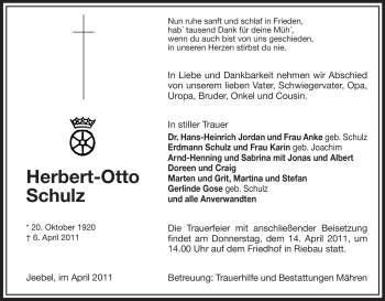 Traueranzeige von Herbert-Otto Schulz von ALLGEMEINE ZEITUNG UELZEN