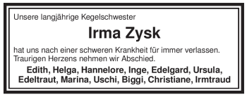 Traueranzeige von Irma Zysk von ALLGEMEINE ZEITUNG UELZEN