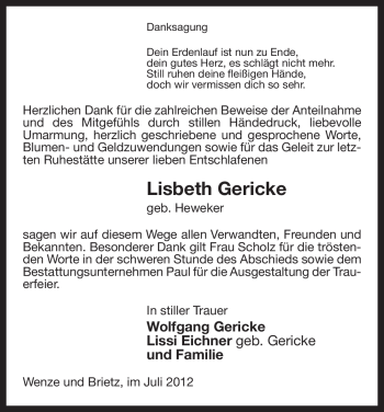 Traueranzeige von Lisbeth Gericke von ALLGEMEINE ZEITUNG UELZEN