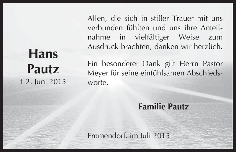  Traueranzeige für Hans Pautz vom 04.07.2015 aus Uelzen