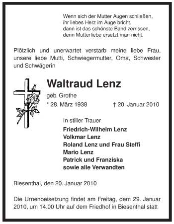 Traueranzeige von Waltraud Lenz von ALLGEMEINE ZEITUNG UELZEN