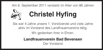 Traueranzeige von Christel Hyfing von ALLGEMEINE ZEITUNG UELZEN