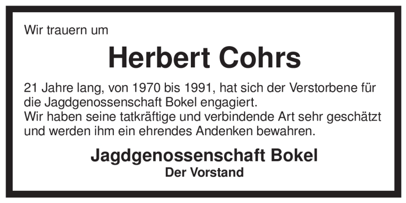  Traueranzeige für Herbert Cohrs vom 14.11.2009 aus ALLGEMEINE ZEITUNG UELZEN