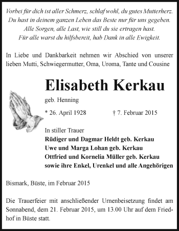 Traueranzeige von Elisabeth Kerkau von Uelzen