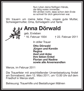 Traueranzeige von Anna Dörwald von ALLGEMEINE ZEITUNG UELZEN