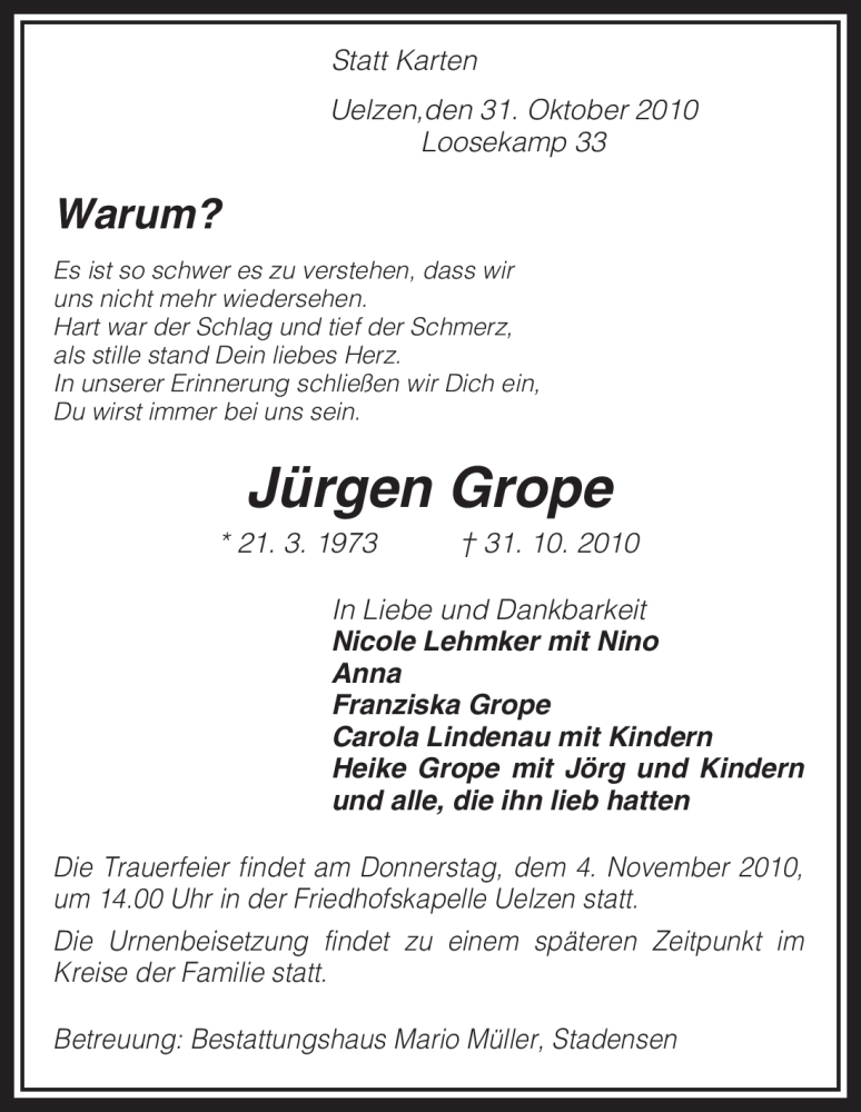  Traueranzeige für Jürgen Grope vom 02.11.2010 aus ALLGEMEINE ZEITUNG UELZEN