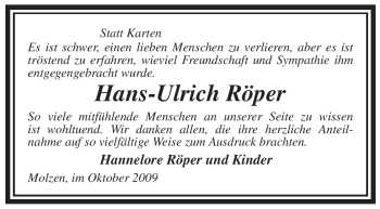 Traueranzeige von Hans-Ulrich Röper von ALLGEMEINE ZEITUNG UELZEN