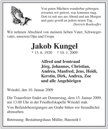 Traueranzeige von Jakob Kungel von ALLGEMEINE ZEITUNG UELZEN