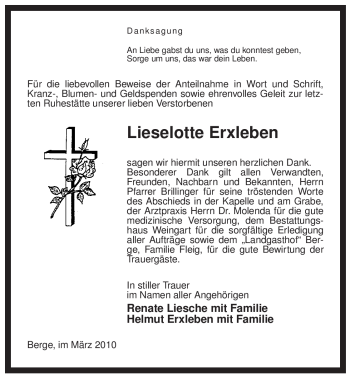 Traueranzeige von Lieselotte Erxleben von ALLGEMEINE ZEITUNG UELZEN