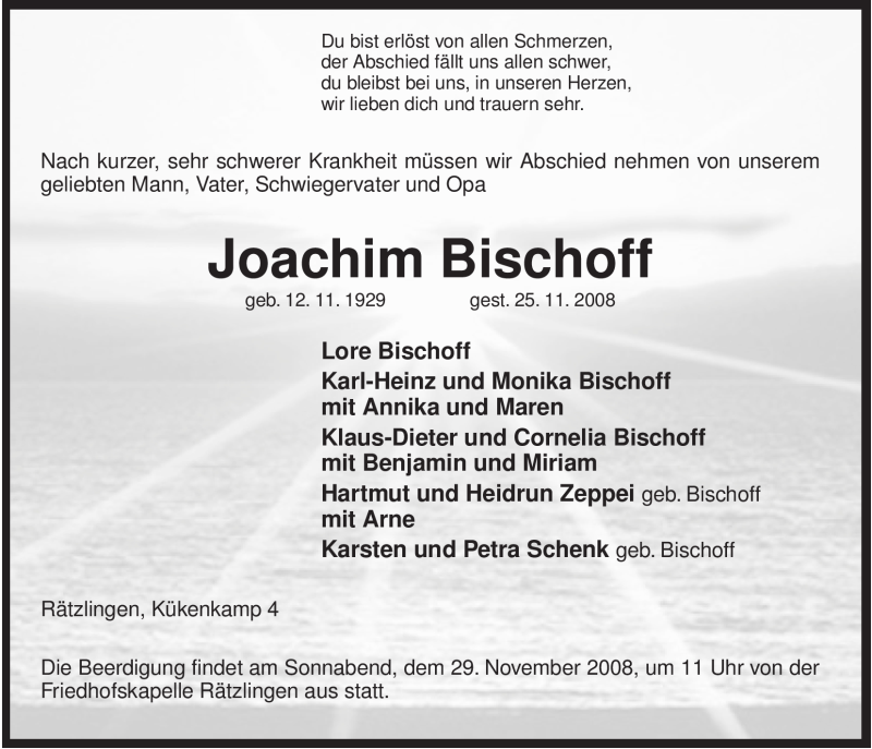  Traueranzeige für Joachim Bischoff vom 26.11.2008 aus ALLGEMEINE ZEITUNG UELZEN