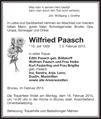Traueranzeige von Wilfried Paasch von Uelzen