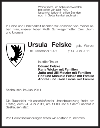 Traueranzeige von Ursula Felske von ALLGEMEINE ZEITUNG UELZEN