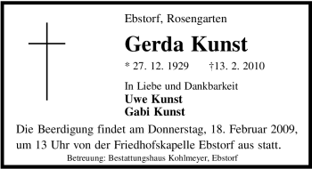 Traueranzeige von Gerda Kunst von ALLGEMEINE ZEITUNG UELZEN