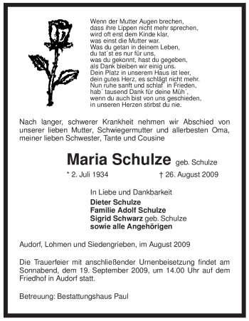 Traueranzeige von Maria Schulze von ALLGEMEINE ZEITUNG UELZEN