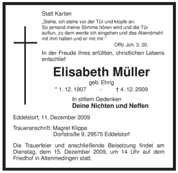 Traueranzeige von Elisabeth Müller von ALLGEMEINE ZEITUNG UELZEN