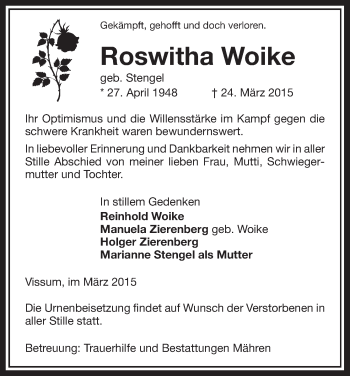 Traueranzeige von Roswitha Woike von Uelzen