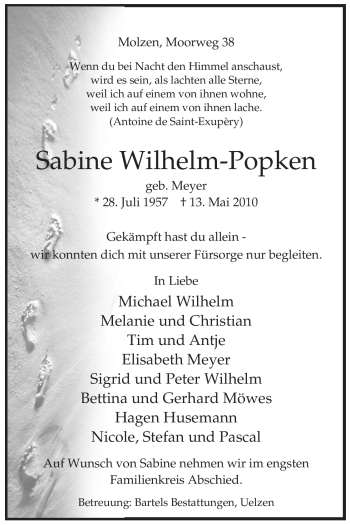 Traueranzeige von Sabine Wilhelm-Popken von ALLGEMEINE ZEITUNG UELZEN
