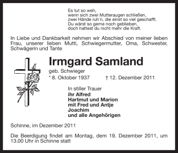 Traueranzeige von Irmgard Samland von ALLGEMEINE ZEITUNG UELZEN