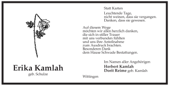 Traueranzeige von Erika Kamlah von ALLGEMEINE ZEITUNG UELZEN