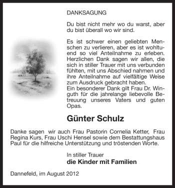 Traueranzeige von Günter Schulz von ALLGEMEINE ZEITUNG UELZEN