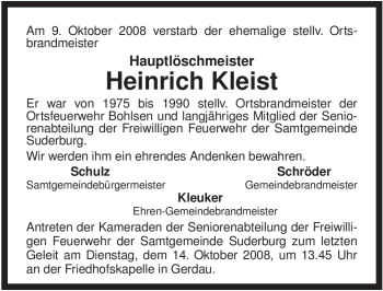 Traueranzeige von Heinrich Kleist von ALLGEMEINE ZEITUNG UELZEN