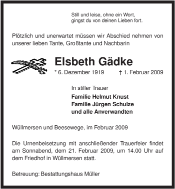 Traueranzeige von Elsbeth Gädke von ALLGEMEINE ZEITUNG UELZEN