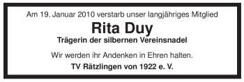 Traueranzeige von Rita Duy von ALLGEMEINE ZEITUNG UELZEN