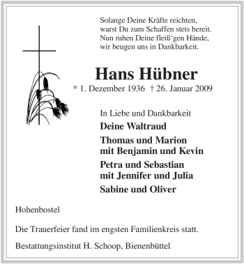 Traueranzeige von Hans Hübner von ALLGEMEINE ZEITUNG UELZEN