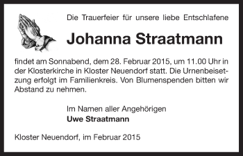 Traueranzeige von Johanna Straatmann von Uelzen