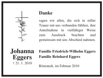 Traueranzeige von Johanna Eggers von ALLGEMEINE ZEITUNG UELZEN