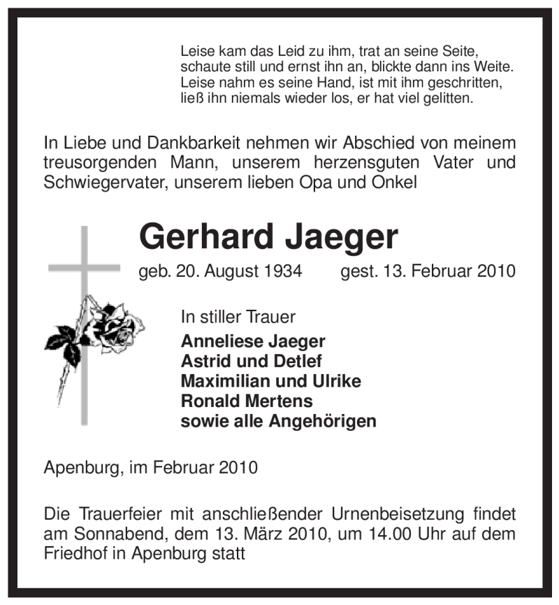  Traueranzeige für Gerhard Jaeger vom 17.02.2010 aus ALLGEMEINE ZEITUNG UELZEN