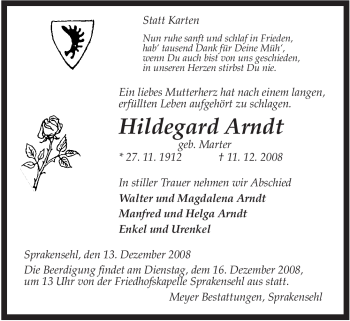 Traueranzeige von Hildegard Arndt von ALLGEMEINE ZEITUNG UELZEN