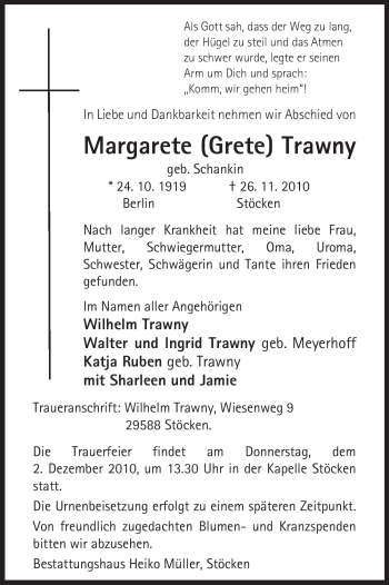 Traueranzeige von Margarete Trawny von ALLGEMEINE ZEITUNG UELZEN