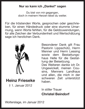 Traueranzeige von Heinz Frieseke von ALLGEMEINE ZEITUNG UELZEN