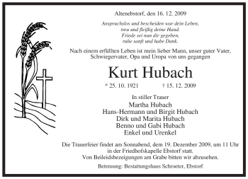 Traueranzeige von Kurt Hubach von ALLGEMEINE ZEITUNG UELZEN