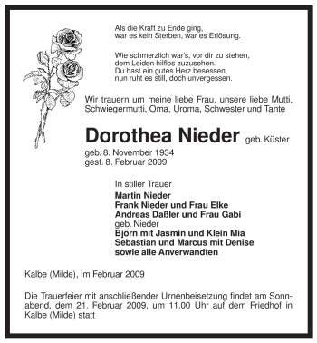 Traueranzeige von Dorothea Nieder von ALLGEMEINE ZEITUNG UELZEN