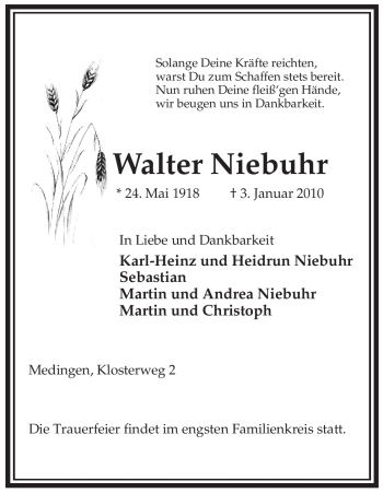 Traueranzeige von Walter Niebuhr von ALLGEMEINE ZEITUNG UELZEN