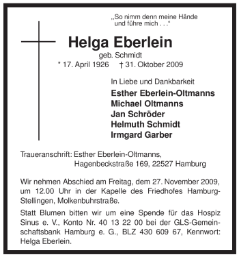 Traueranzeige von Helga Eberlein von ALLGEMEINE ZEITUNG UELZEN