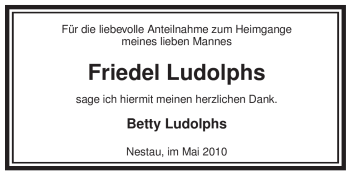 Traueranzeige von Friedel Ludolphs von ALLGEMEINE ZEITUNG UELZEN