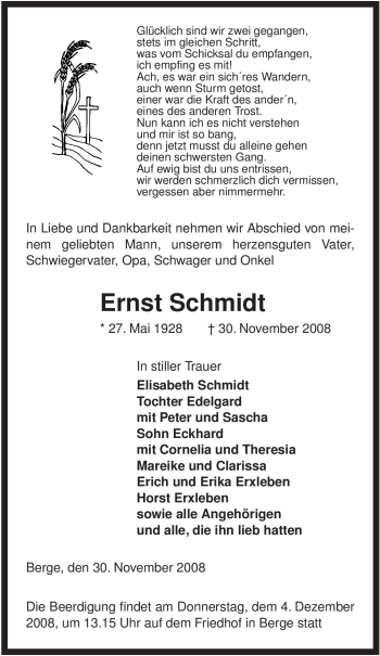 Traueranzeige von Ernst Schmidt von ALLGEMEINE ZEITUNG UELZEN