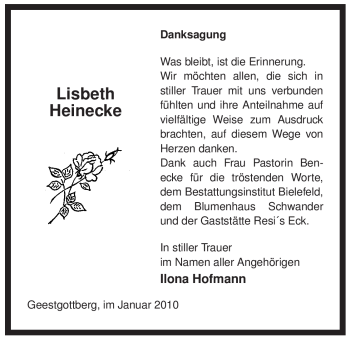 Traueranzeige von Lisbeth Heinecke von ALLGEMEINE ZEITUNG UELZEN