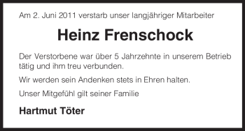 Traueranzeige von Heinz Frenschock von ALLGEMEINE ZEITUNG UELZEN