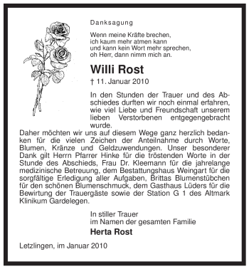 Traueranzeige von Willi Rost von ALLGEMEINE ZEITUNG UELZEN