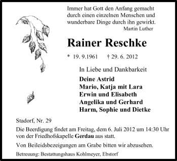 Traueranzeige von Rainer Reschke von ALLGEMEINE ZEITUNG UELZEN